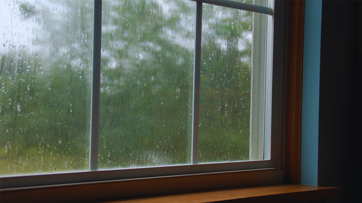 A closed window that was installed while it was raining outside.